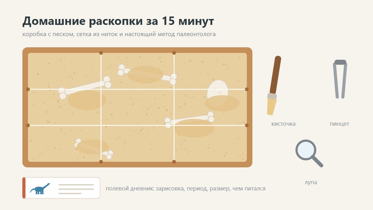 Домашние раскопки для ребёнка: коробка с песком, сетка из ниток, кисточка и пинцет