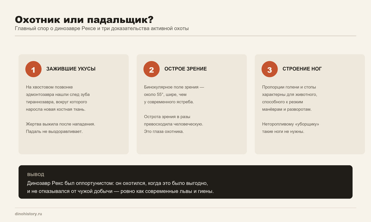 Охота динозавра Рекса Доказательства охоты динозавра Рекса — зажившие укусы, зрение, строение ног